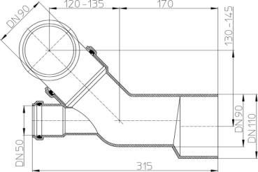 WC-Anschlusskombination DN90/110 mit Anschluss DN50 für Vorwandinstallation  HL227